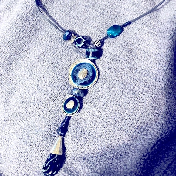 Vintage Jewelry - Midnight blue - Boho ceramic bead and leather necklace.